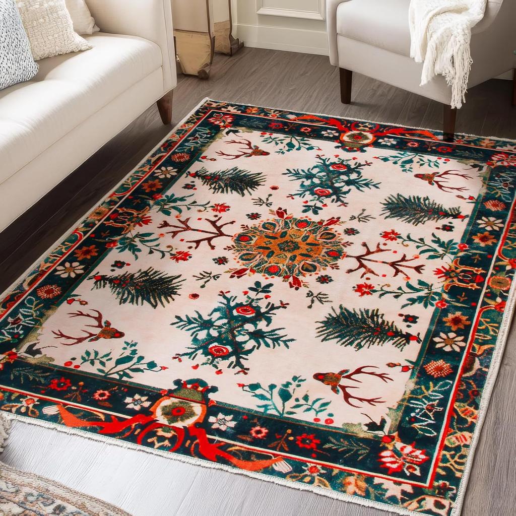 Christmas Snowman Rug for Living Room Low Pile Throw Rugs Crystal Velvet Washable Non Slip Modern Large Area Carpet for Bedroom