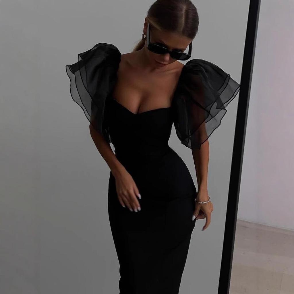 Европейское и американское облегающее миди-платье с сетчатыми рукавами-рюшами для женщин