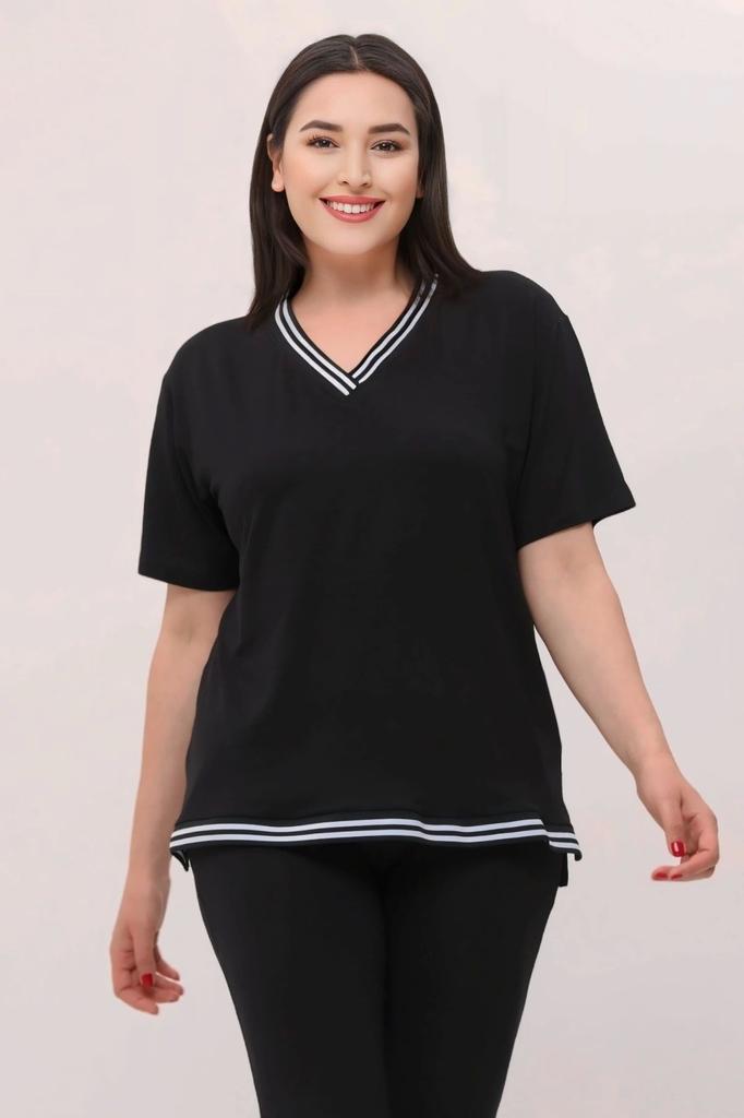 Женский стильный комплект большого размера под верхом в трикотажную полоску с подробным описанием