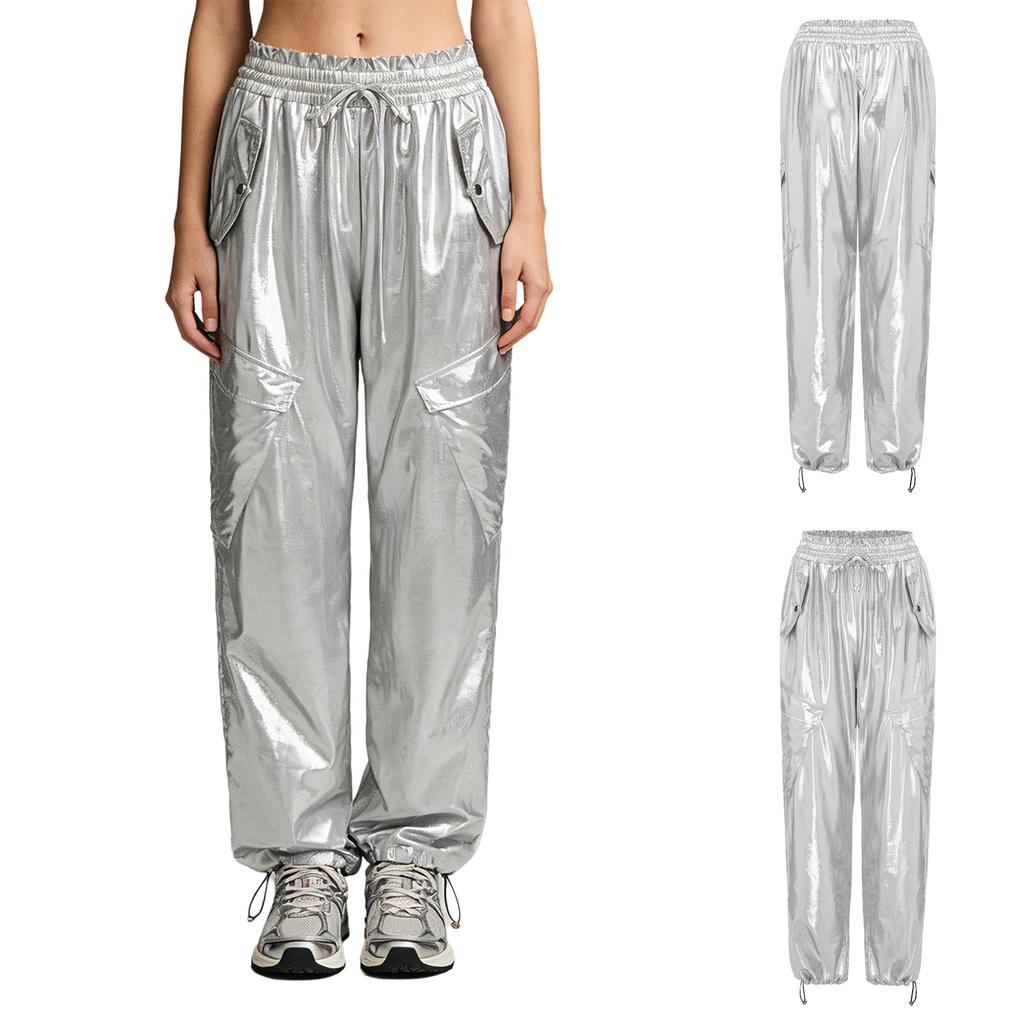 Shiny Metallic Cargo Pants for Women Elastic Waistband with Ruffle Trim Multiple Pockets Jogger Style for Hip Hop Music Stage Outfit