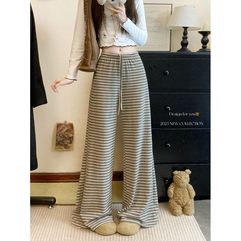 Kumikumi Stripes Drawstring High Waist Casual Pants Straight-Leg Pants Women Autumn Chic Loose Figure Flattering Mopping Pants Pants