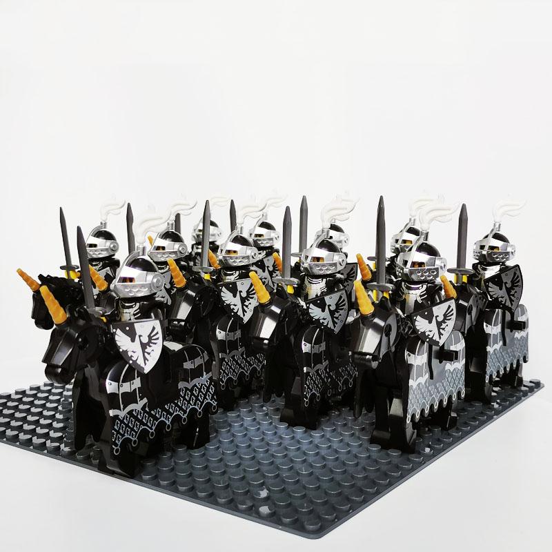 Medieval Knights Castle Cavalry Rohan Soldiers Guard Army Lotr Cavalier With Weapon Armor Helmet Shield and Horse Figure Blocks