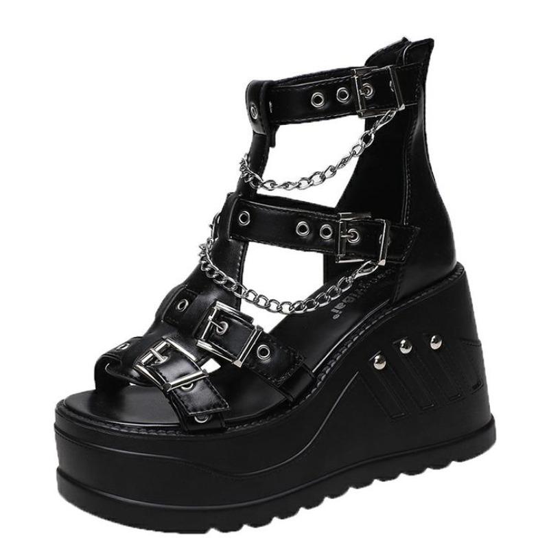 Мода 10 см Танкетки Высокие каблуки Увеличивающие рост Туфли с открытым носком Каблук Обувь Летние Готические Пряжка Платформа Сандалии Черные Женские Крутые Ботинки