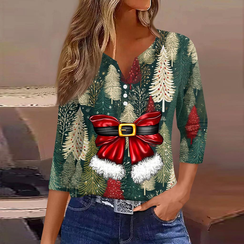 Женская рубашка с рукавом семь дюймов, напечатанная в стиле ретро, повседневная, свободная, с V-образным вырезом, рождественская