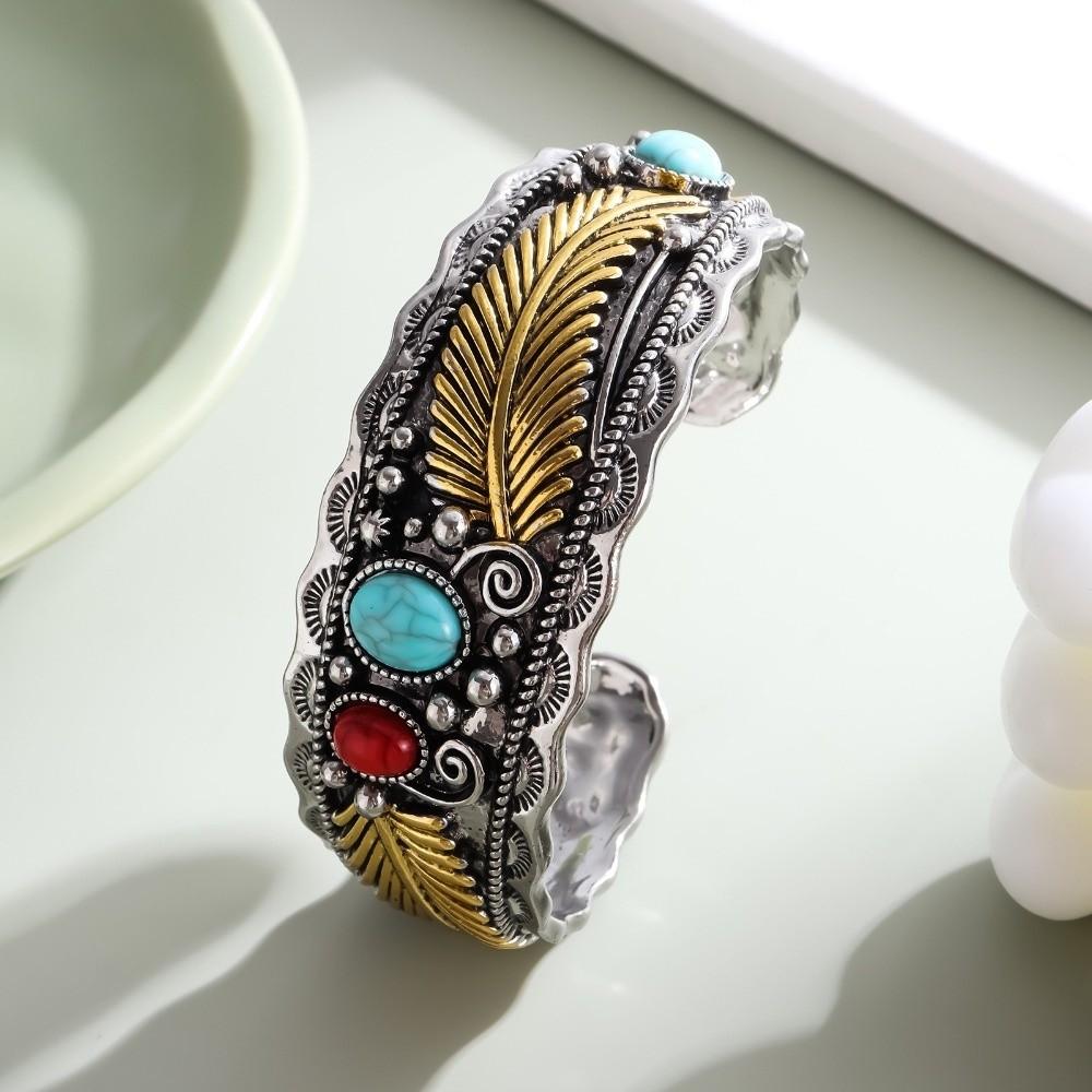 Vintage Turquoises Feather Bracelet Wide Turquoises Feather Cuff Bangles Men