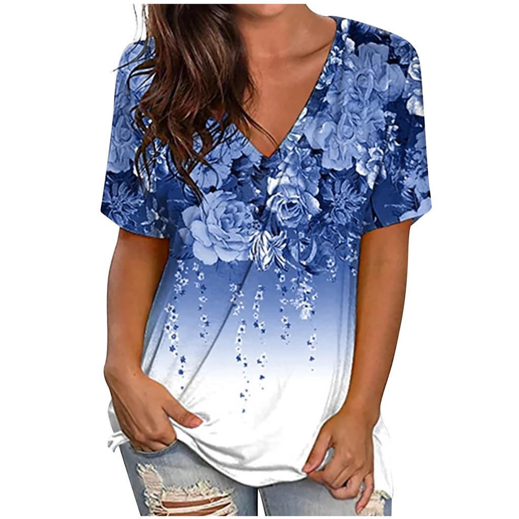 Модная женская футболка с V-образным вырезом, элегантная, модная, с коротким рукавом, летняя, с 3D-принтом, с цветочным принтом, свободные топы, несколько цветов