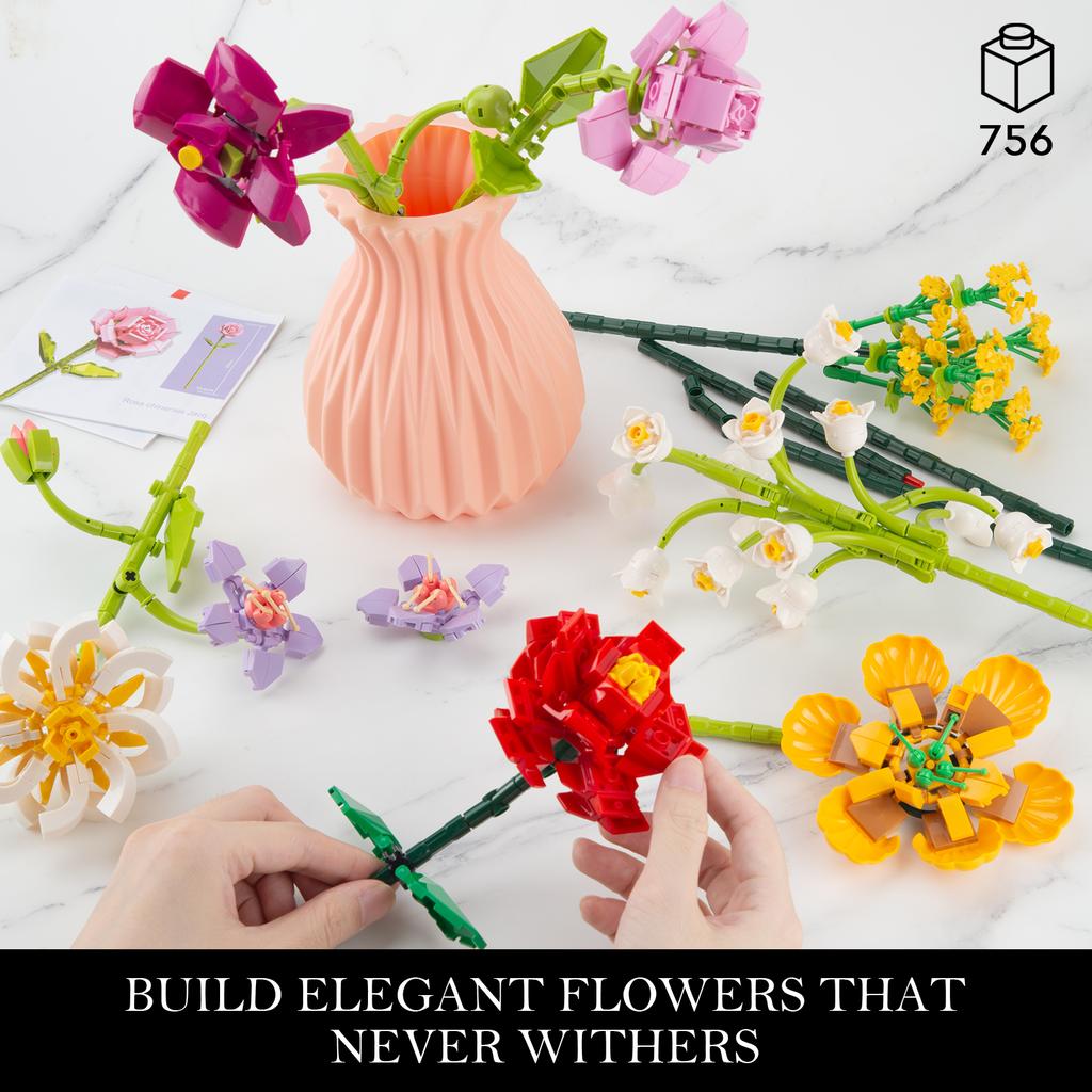 Нетоксичный букет из искусственных цветов из 756 деталей, конструктор с вазой, пластиковые цветы-кирпичики для поделок, детские игрушки, подарок для детей, украшение для дома