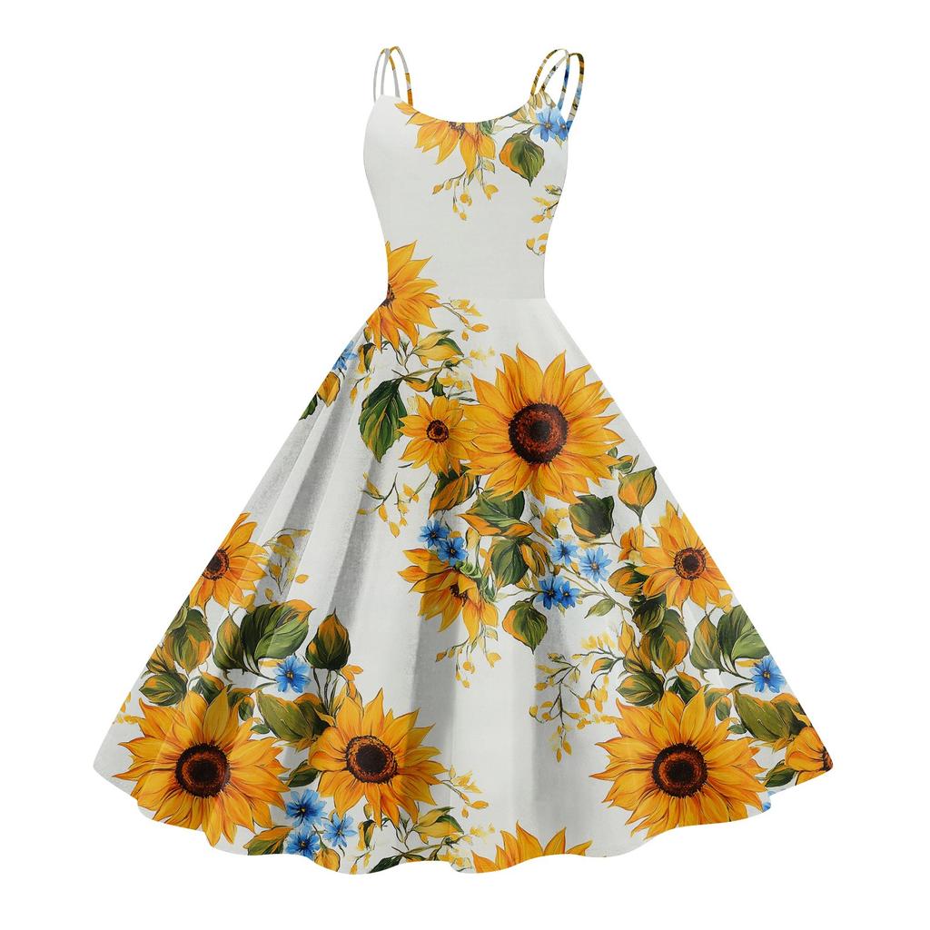 Women's Casual Fashion Flower Print Sexy Off Shoulder Punk Retro Dress Retro Dress Dress