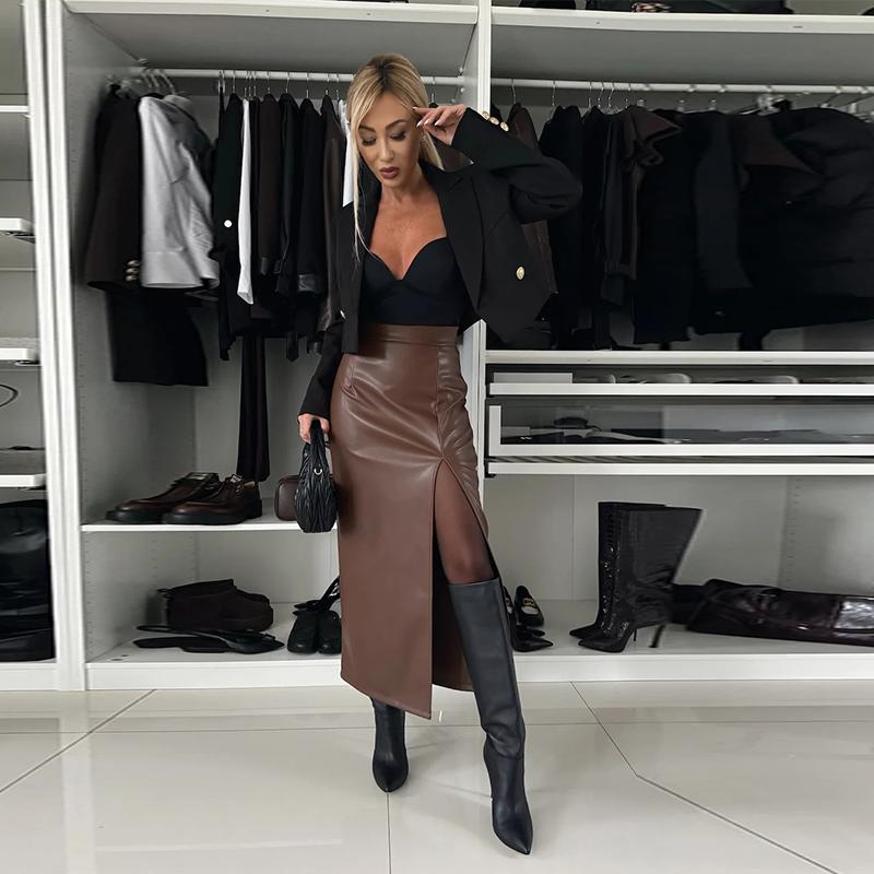 Сексуальная юбка из искусственной кожи средней длины с разрезом, женская однотонная, тонкая, с высокой талией, модная женская одежда для вечеринок
