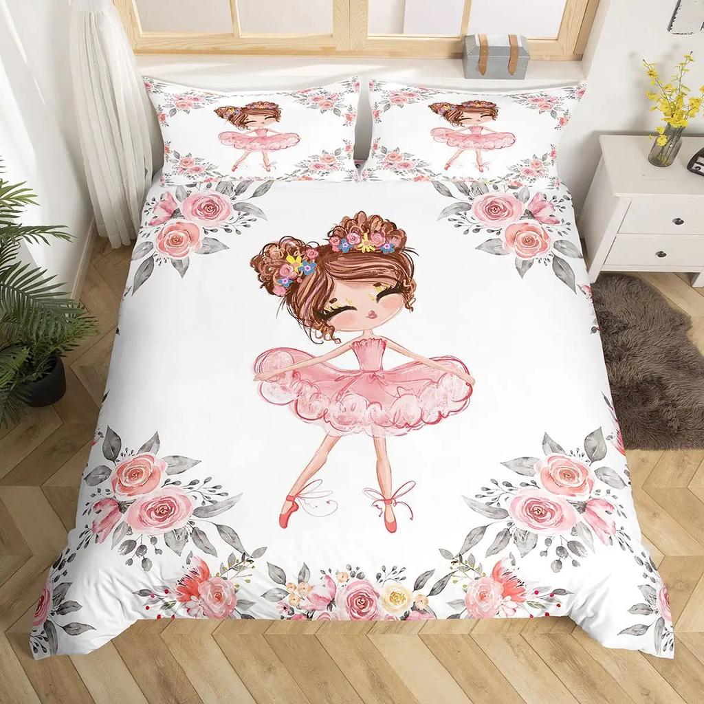 Ballet Girl Duvet Cover Set King Size Pink Lovely Little Ballerinas Bedding Set Kids Girls Princess Soft Polyester Quilt Cover