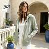 Loose Fit Sweatshirt Women Casual Zip-Up Hoodie for Fall, Cotton Blend Long Zip-up Sleeve with Pockets, Solid Color Drawstring Hooded Jacket Fall