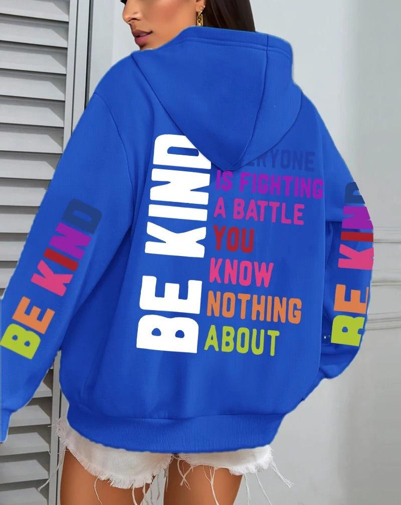 Женская толстовка с принтом букв 'Be Kind' - Осенний повседневный флисовый пуловер с карманами