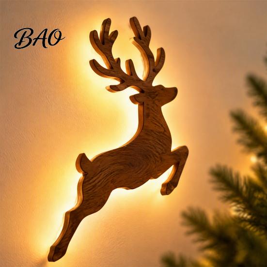 Damage Free Wall Decor Christmas Reindeer Light, Wooden LED Silhouette with Warm Backlight, Seasonal Entryway Accent Battery Operated Lighted Festive
