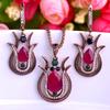 Vintage Style Green Tulip Flower Pendant Necklace Earrings Jewelry Set Alloy Resin Women Party Wedding Dress Accessories