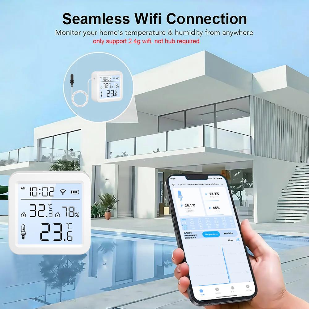 ONENUO Tuya WiFi Humidity Temperature Sensor with External Probe LCD Thermometer for Smart Home APP Monitoring for Refrigerator