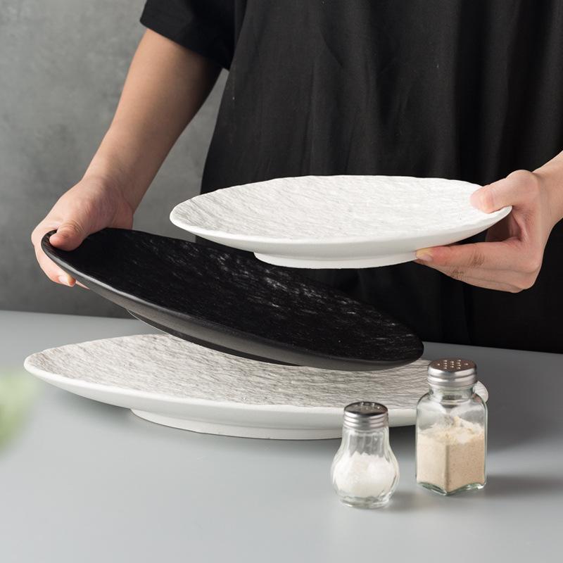 Restaurant Hotel Japanese Rock Texture Oval Fish Plate Large Family Braised Steamed Fish Plate Light Luxury Western Plate Tableware