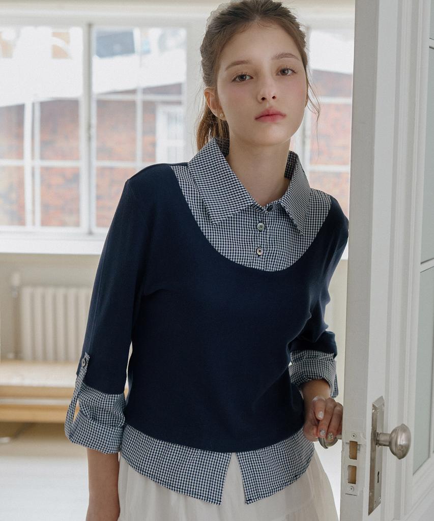 LETTER FROM MOON Chase Layered Collar Top (Navy)
