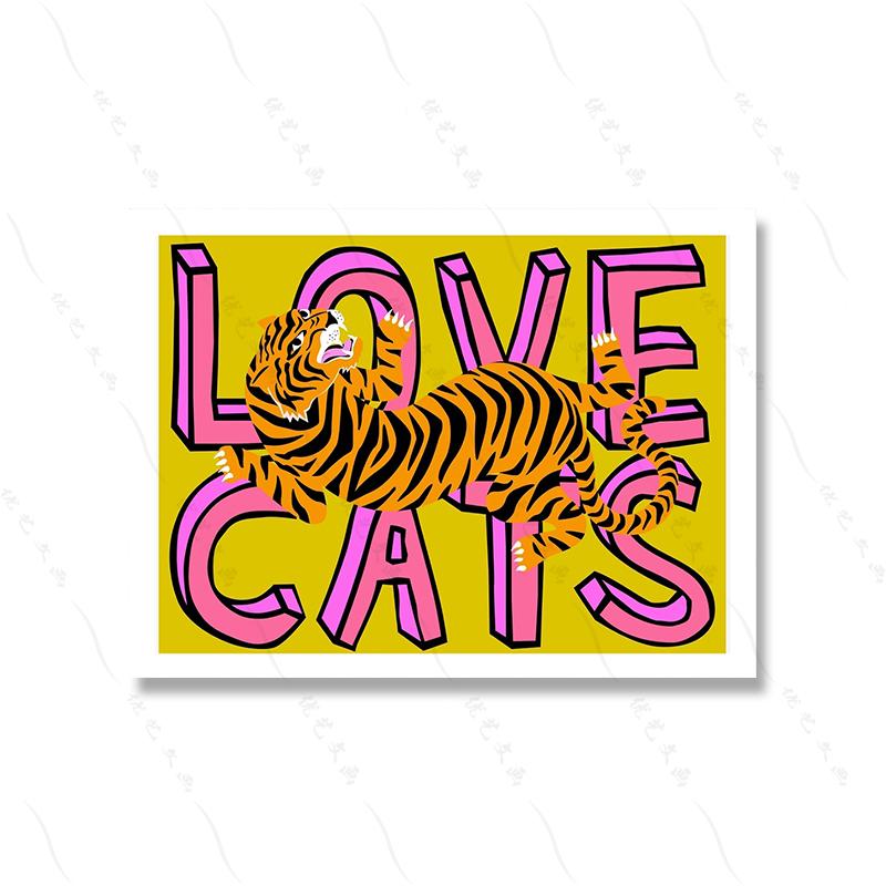 Love Cats Tiger Leopard Портрет Синий Художественный Принт Мультфильм Детская Комната Настенный Плакат Цитата Красочный Прохладный Холст Картина Домашний Декор