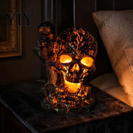Decorative Desk Lamp Skull Table Lamp, Halloween Glowing Skeleton Resin Figurine, Gothic Ambient Mysterious Bedroom Decor Night Light for Mantel Shelf