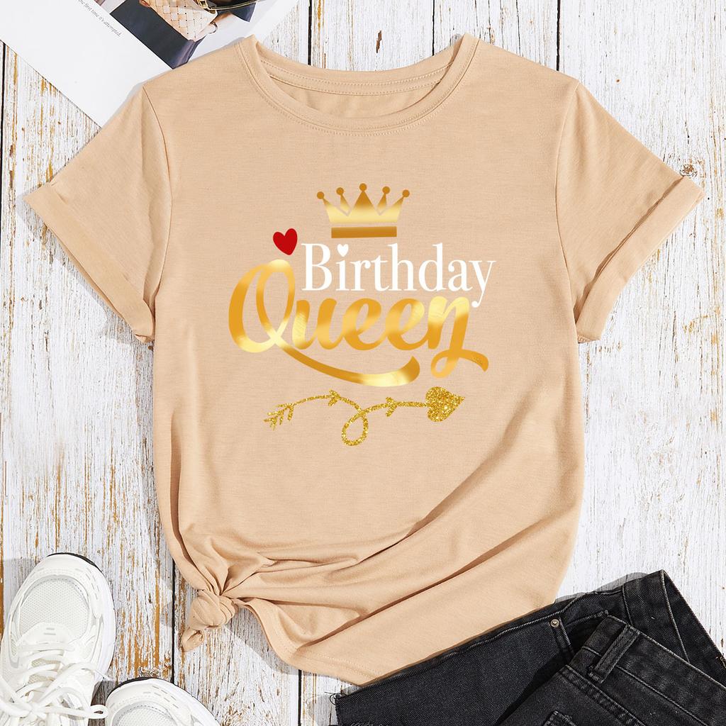 Queen Birthday Pattern Cotton T-Shirt Short Sleeve Round Neck Women 2d Print Tops