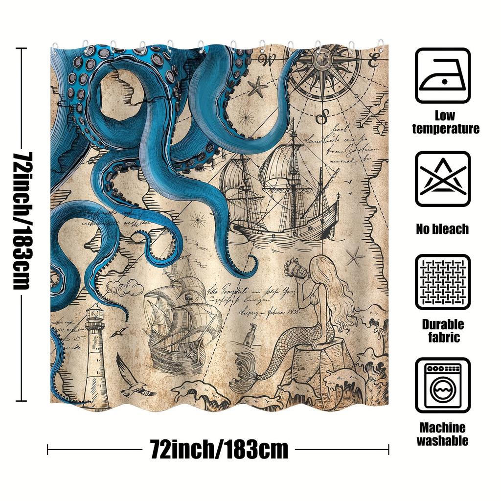 Темно-синяя водонепроницаемая шторка для душа - Винтажный морской осьминог, русалка, кракен, якорь, карта, океанская тема, декор для ванной