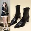 Модные женские короткие сапоги с острым носком, ретро-ремнем, эластичные сапоги в британском стиле на высоком каблуке, кожаные сапоги на молнии в корейском стиле