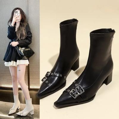 Женские короткие сапоги с острым носком, с пряжкой на ремне в стиле ретро, эластичные сапоги на высоком каблуке в британском стиле, кожаные сапоги на молнии в корейском стиле