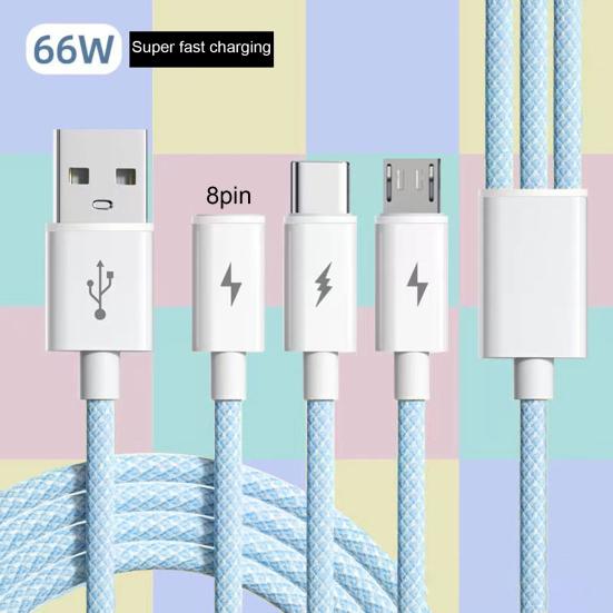 Fast Charging Cable 3-in-1 Anti-Winding with Smart Chip 66W 6A Multi-Device Support Charging Cable Phone Supplies