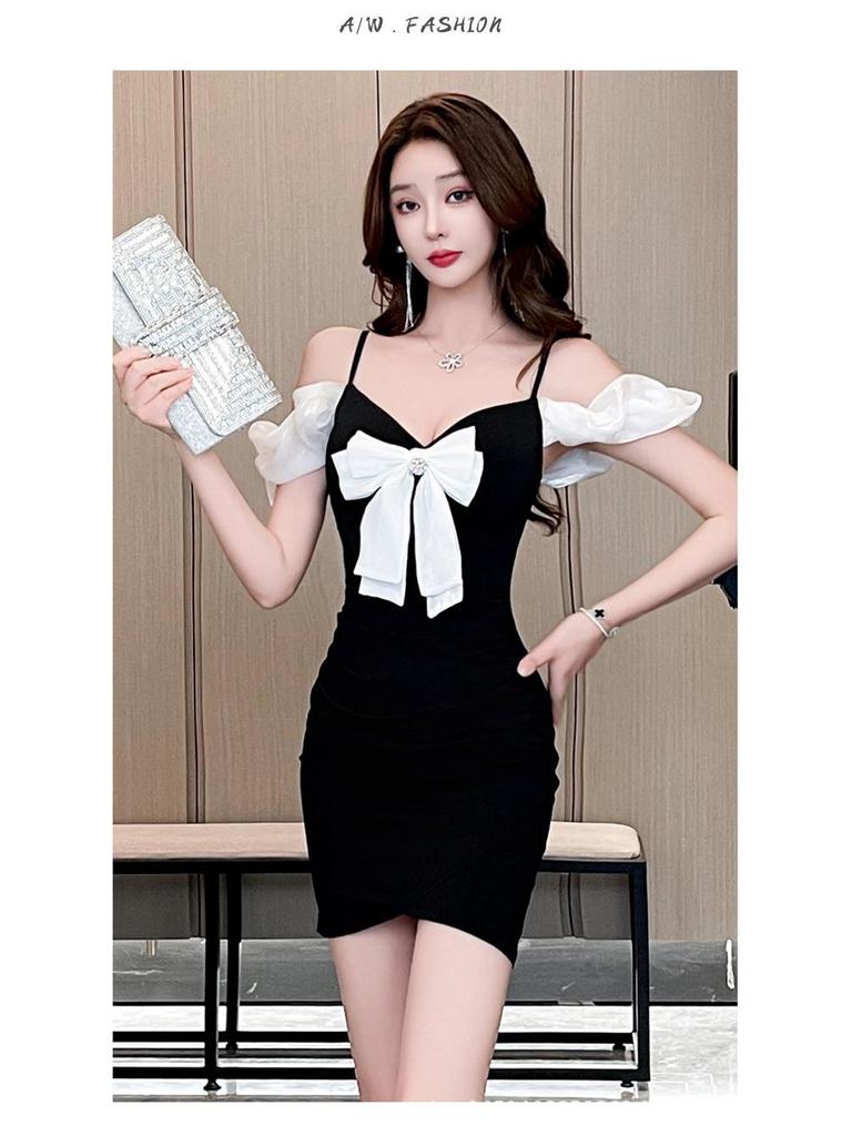 Шикарное мини-платье bodycon с открытыми плечами, пэчворком и ремешками для ночного клуба и рабочей одежды для спа