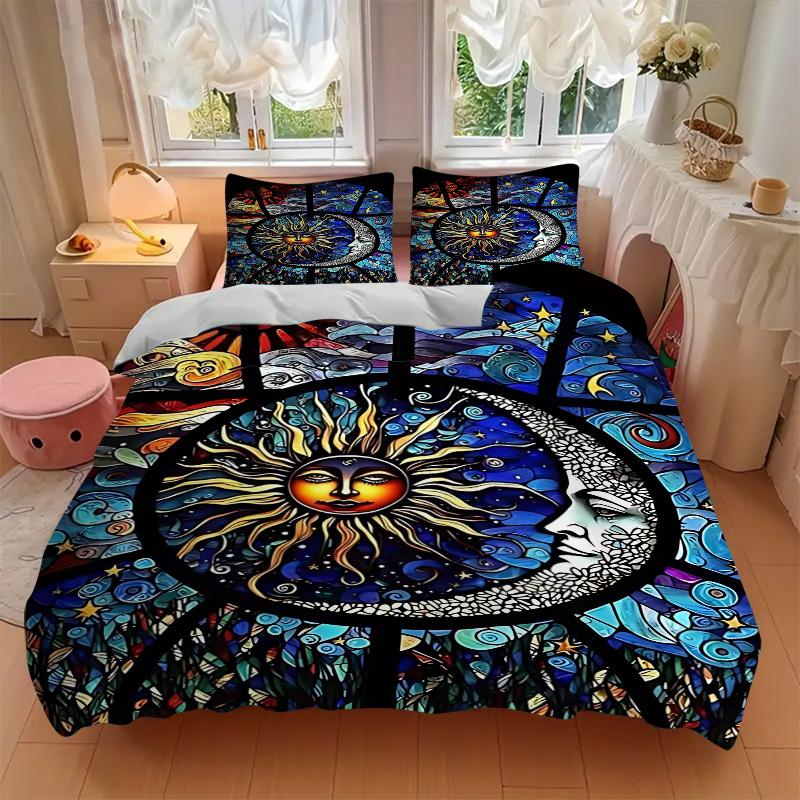 3pcs Anime Cartoon Design Stained Glass Window Panel, Includes One Quilt Cover and Two Pillowcases (No Core), Festive Gift
