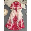 Summer Vintage Women Print Pleated Party Long Dress Elegant Turn-Down Collar Short Sleeve High Waist Draped Beach Vestidos New