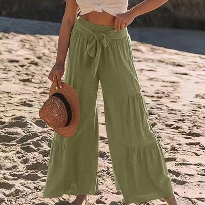 Весенние хлопковые льняные повседневные плиссированные широкие брюки с высокой талией, женские элегантные однотонные свободные брюки, модные брюки на шнуровке 26199
