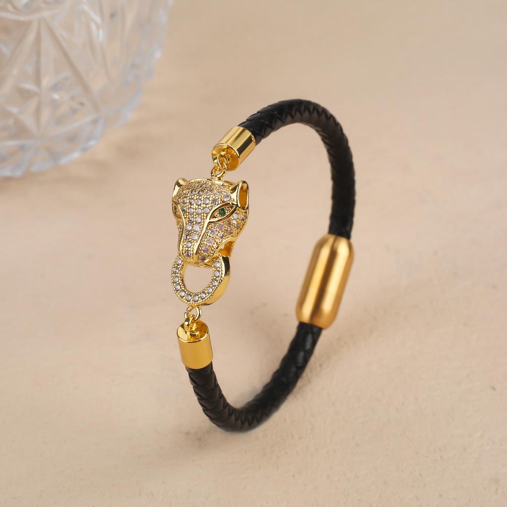 Bully Animal Style Leopard Head Braided Leather Rope Bracelet Fashion for Man Woman Stainless Steel Zirconia Zircon Daily Wear