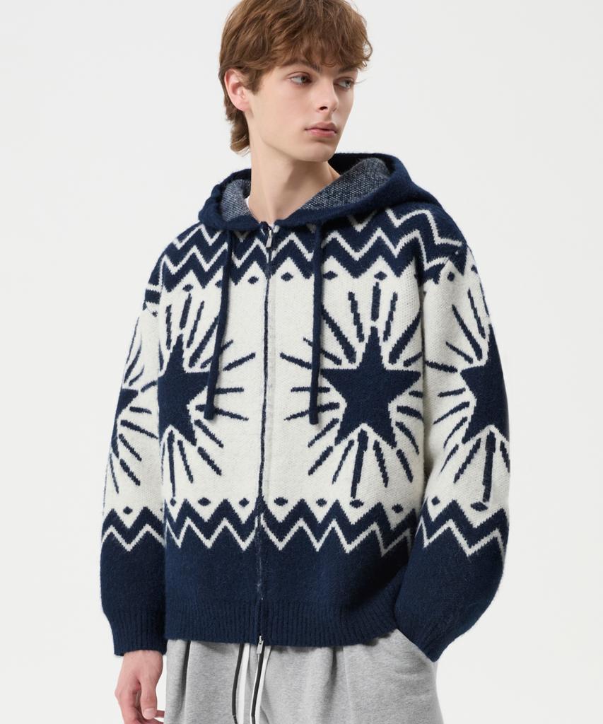 TRILLION Washable Wool Star Nordic Hooded Zip-Up Knit_Navy