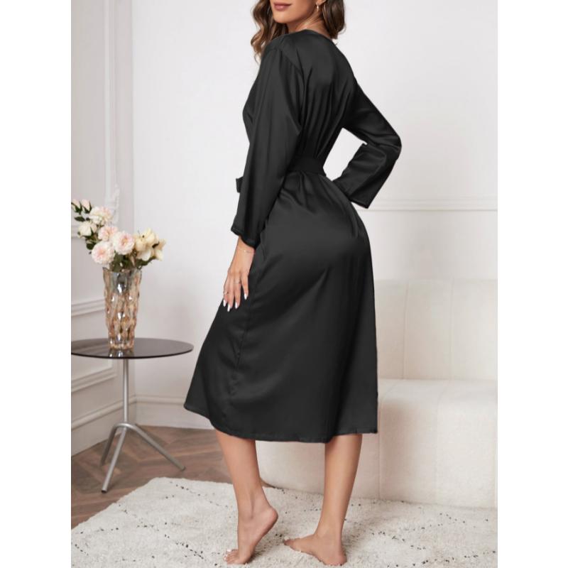 Sexy Women's Pajamas Women's Imitation Silk Pajamas Home Clothes Ice Silk Long-sleeved Casual Comfortable Lace-up Bathrobe