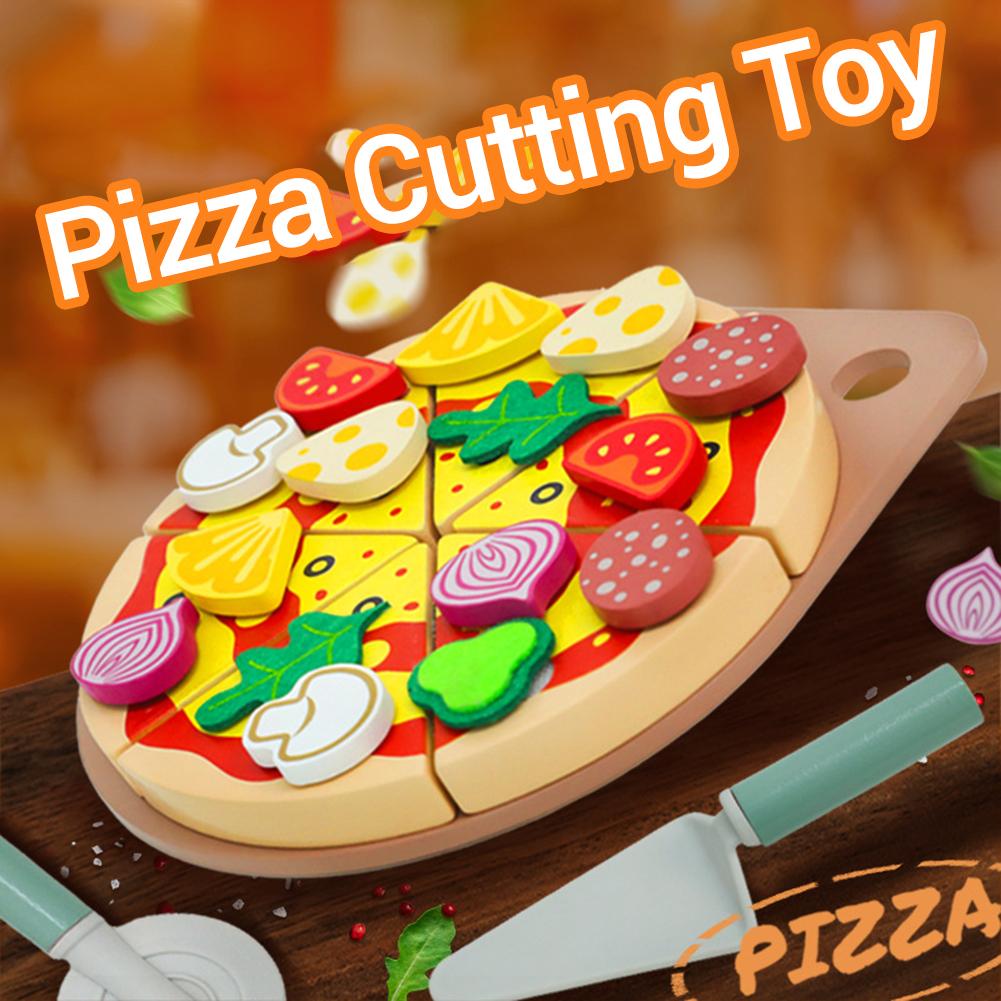 Kids Pizza Cutting Toy Wooden Pizza Set Pretend Play Kitchen Accessories Play Food Toy Gifts For Boys Girls