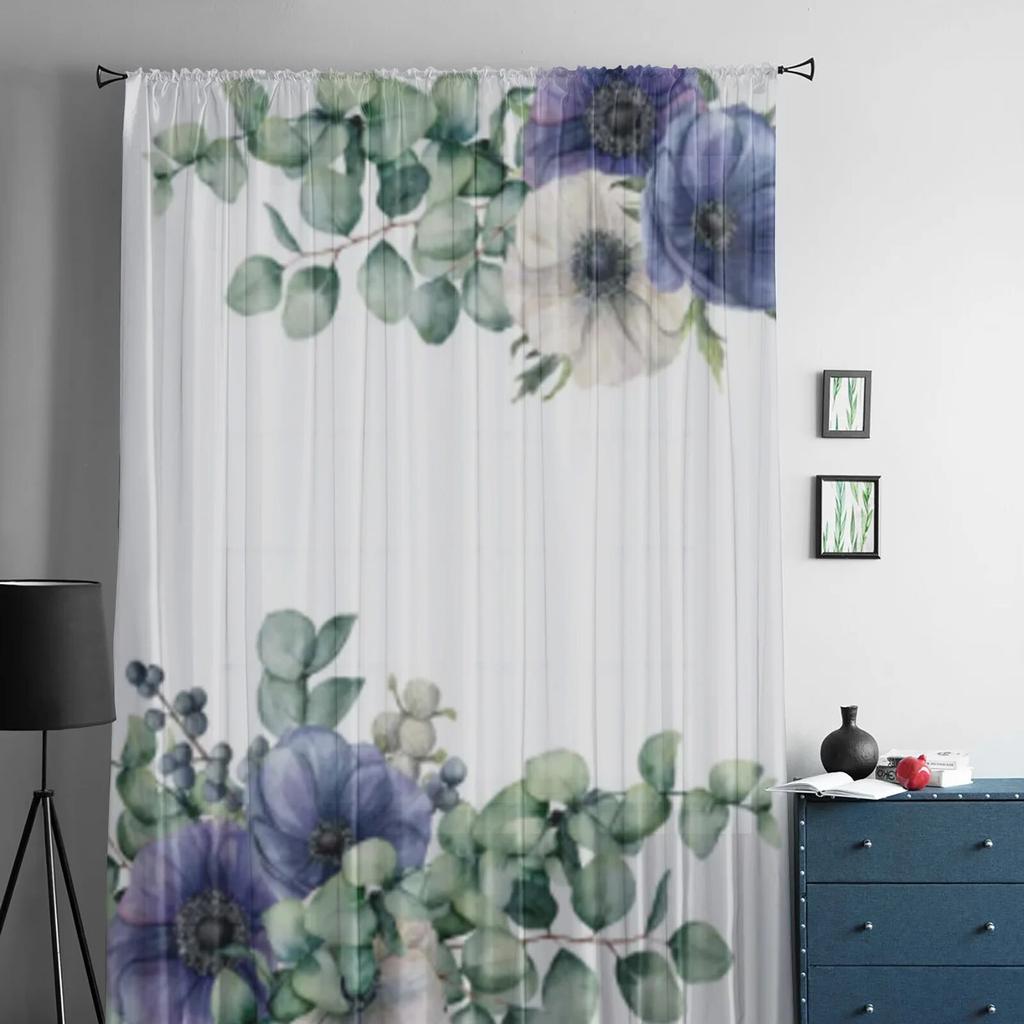 Прозрачные шторы с экзотическими цветами и листьями эвкалипта для спальни, гостиной, тюлевые шторы для кухни, вуаль, шторы