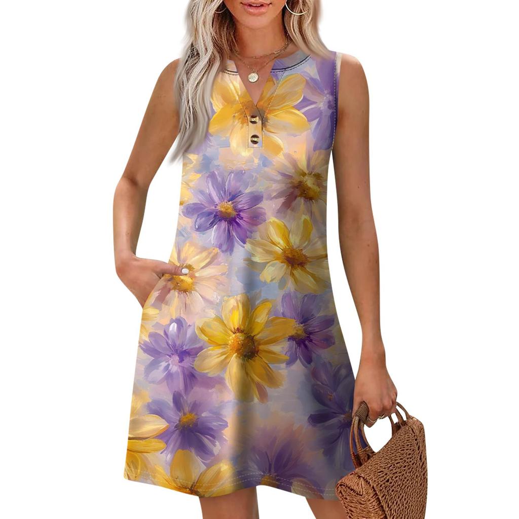 Women's Fashion Casual Printed V-Neck Button With Pocket Vest Sleeveless Dresses