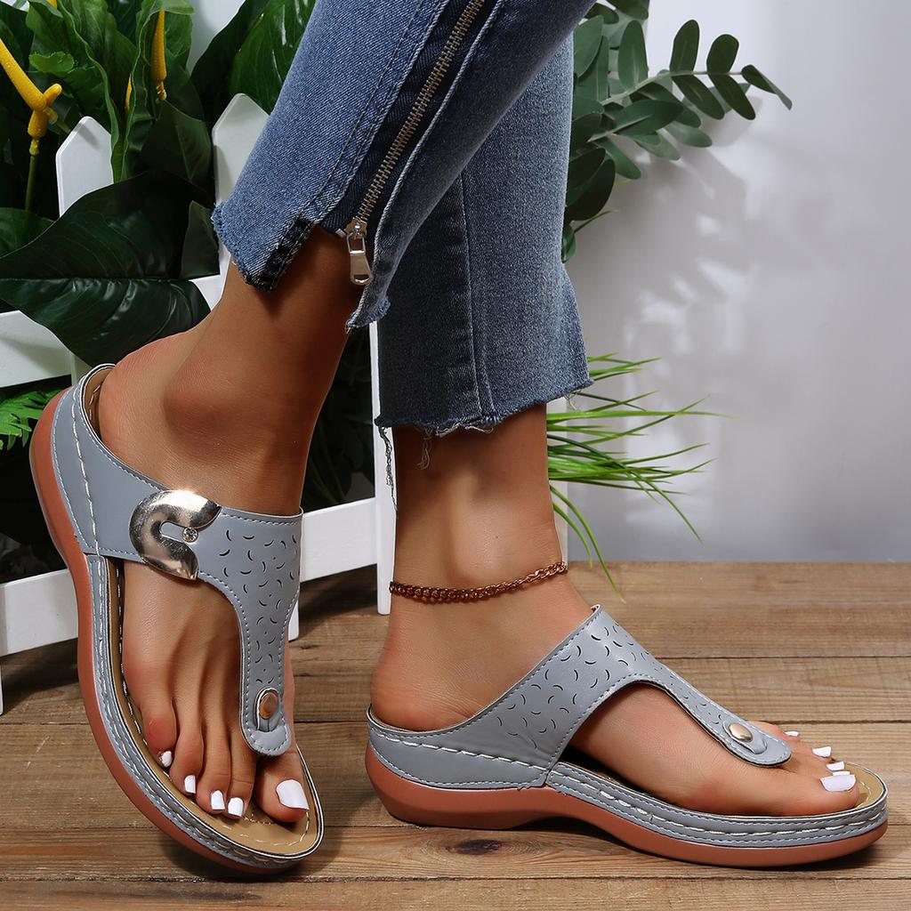 Women's Flip Flop Sandals, Round Toe Cut-Out Design Metal Buckle Wedge Heel, Solid Color Outdoor Comfort Slides for Women