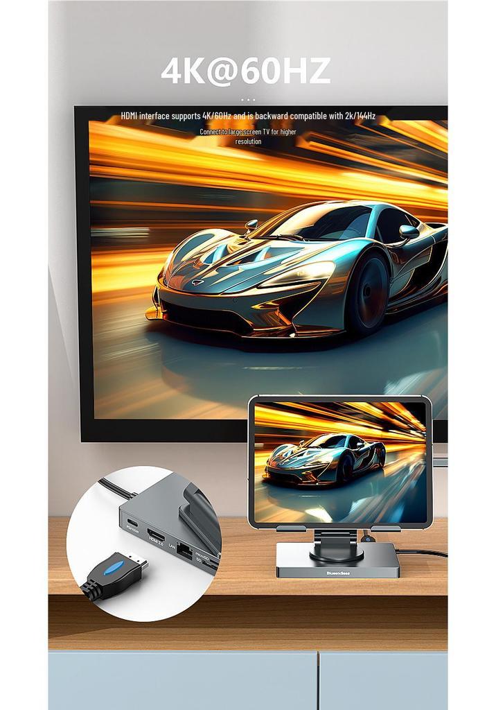 Док-станция 4K60Hz USB-C с Gigabit Ethernet, конвертером USB 3.2 и вращающейся подставкой для телефонов и планшетов