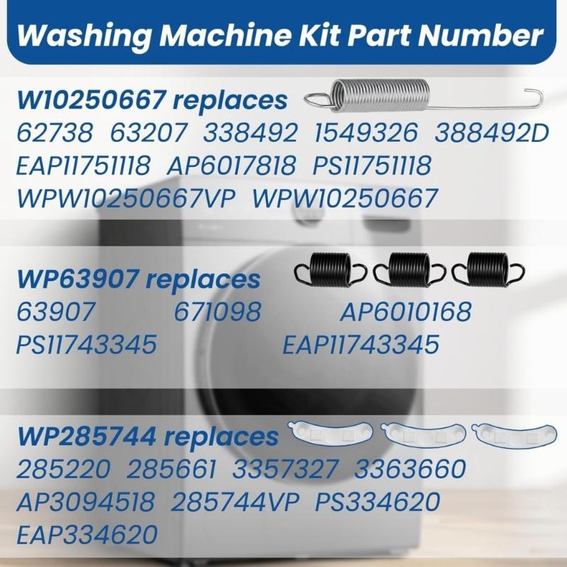 Washing Machine Suspension Spring Kit WP63907 Springs W10250667 Counterweight 285744 Tub Pad Complete Repair Set