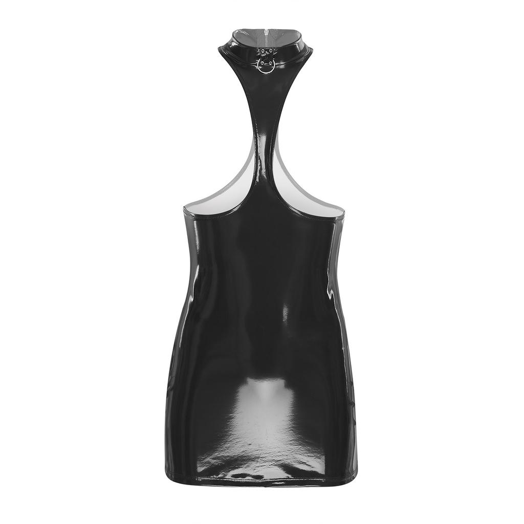 Womens Wet Look Bodycon Mini Dress Chest Accent Rear Emphasis Sheer Cutouts Patent Leather Date Night Dress