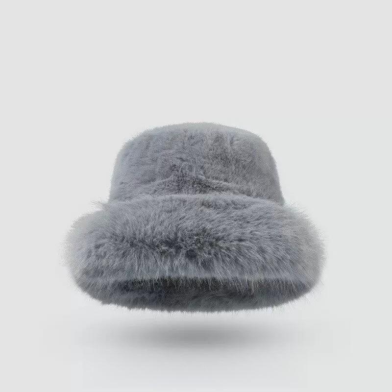 Women Winter Faux Rabbit Fur Bucket Hat Warm Soft Plush Panama Cap Solid Coldproof Fisherman Hat