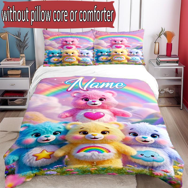 3pcs Duvet Cover Set (1*Duvet Cover + 2*Pillowcase, Without Core), Custom Name Care Bears Pattern Bedding Set, Home Bedroom Decor Gift