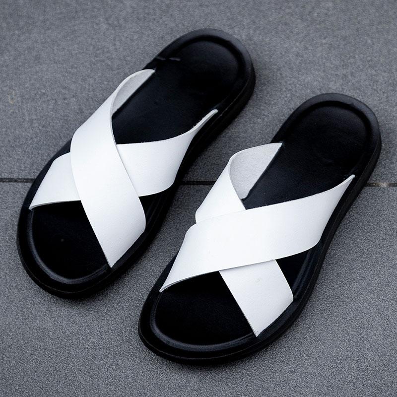 2024 Fashion Men Real Leather Slippers Summer New Black White/red/yellow Cross Over Slippers Men's Leisure Comfort Flat Sandals