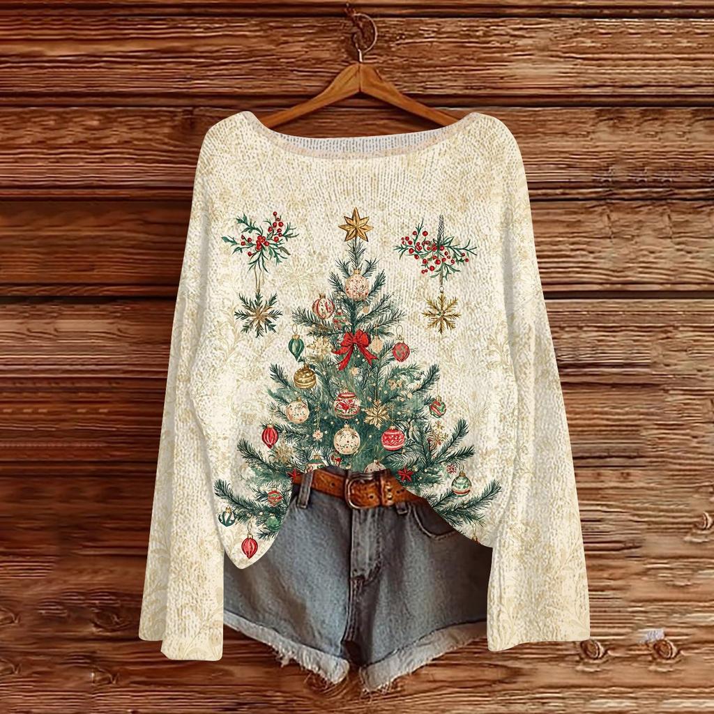 Women's Round Neck Lightweight Sweater Casual Long Sleeve Christmas Print Knit Pullover.