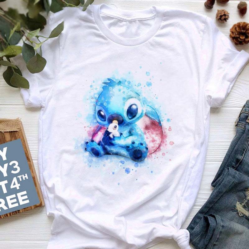 Disney Lilo Stitch Cute Cartoon Print Women T-Shirt Summer Streetwear Short Sleeve T Shirt Fashion Casual Female Clothes Tops