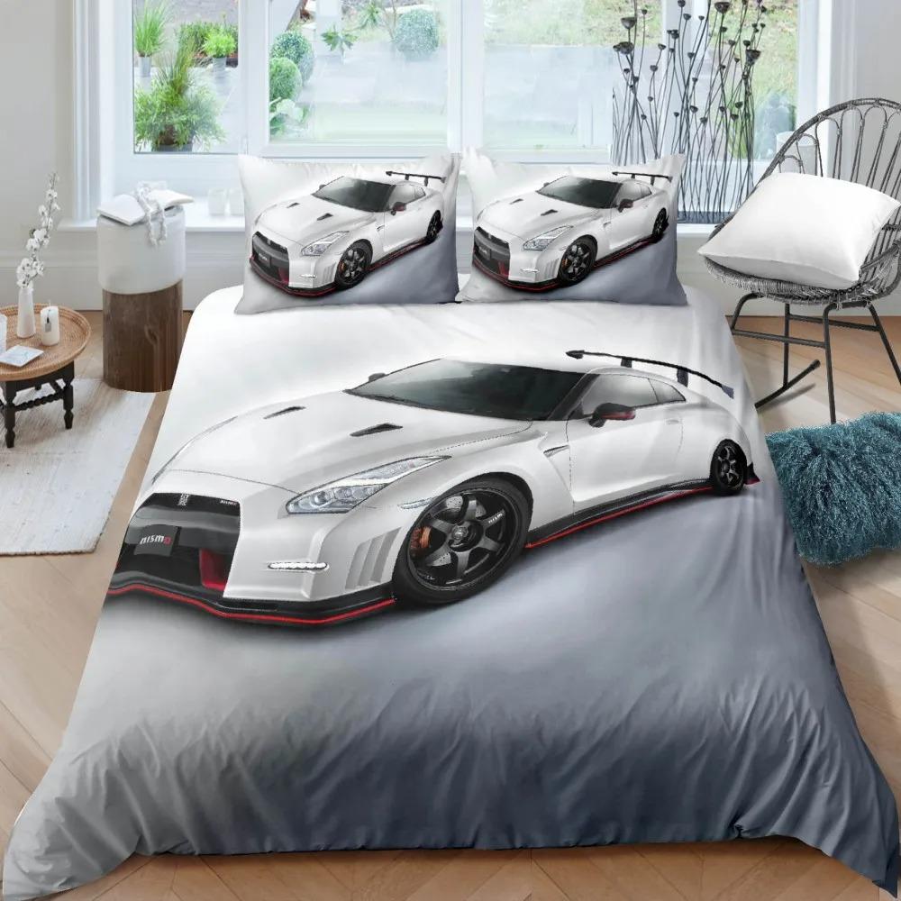 Luxurious Sports Car Bedding Collection Black White Racing Bike With Bed Linen Polyester Duvet Cover With Pillowcase For Teens