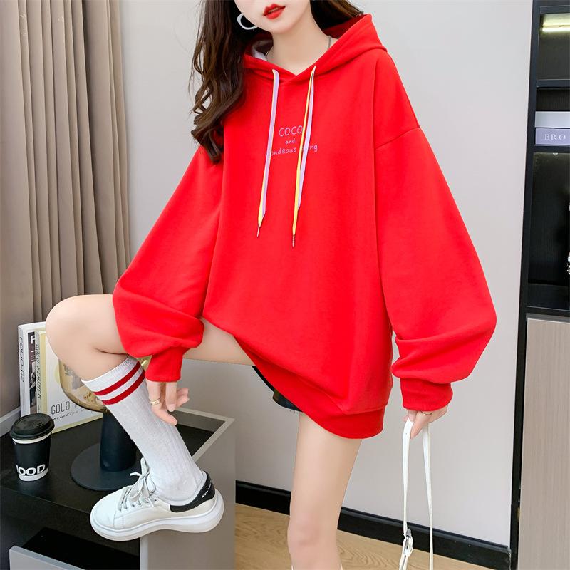 Women's Hooded Long Sleeve Oversized Casual Top Color Block Denim Splicing Letter Print Loose Fashion Hoodie Blouse