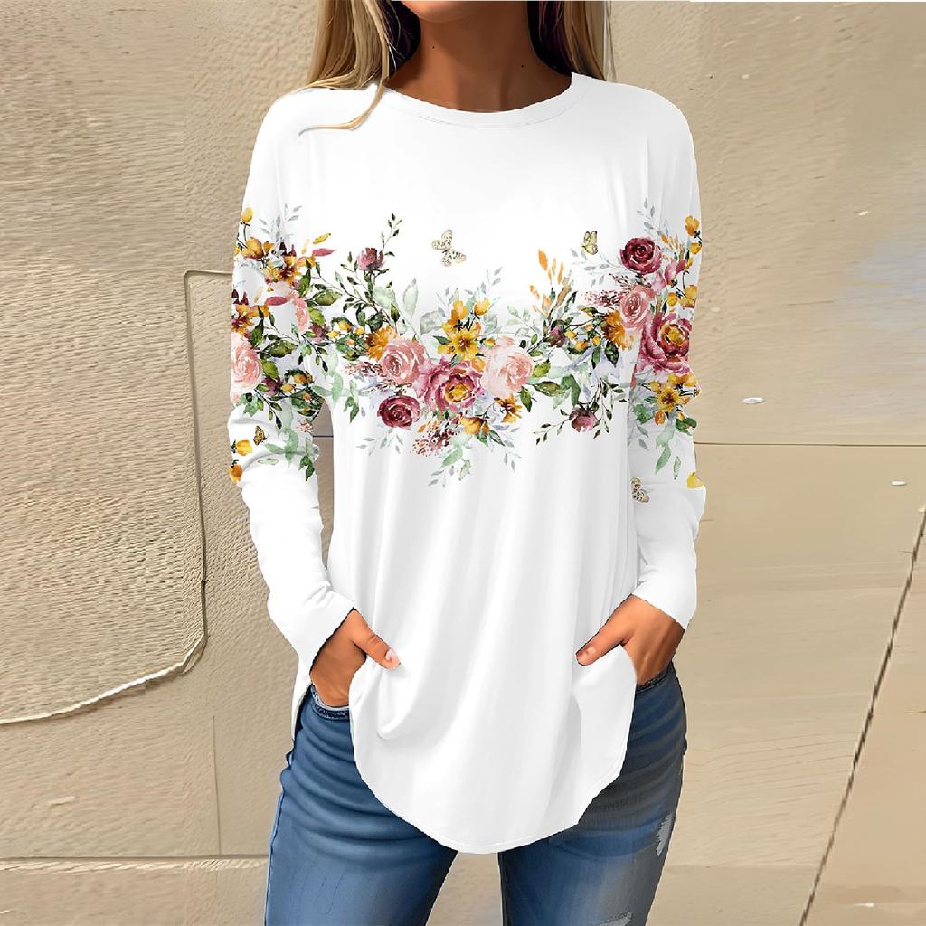 Tee Shirts For Women Fall Casual Long Sleeve Shirts Sweatshirt Retro Printing Top Pullover